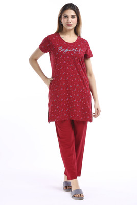 E-MAX Women Printed Maroon Top & Pyjama Set