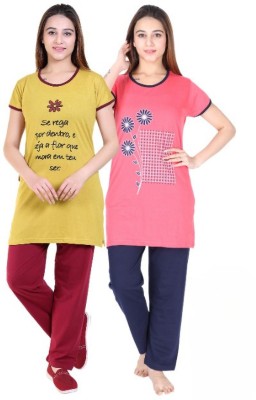 DG Divine GirL Women Printed Yellow, Pink, Blue, Red Top & Pyjama Set