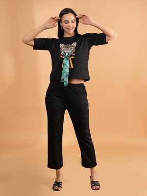 DreamBe Women Solid Black Night Suit Set