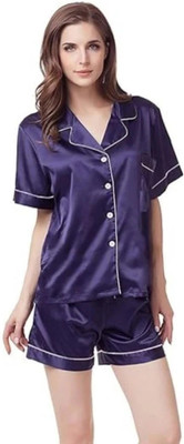 Vd hub Women Solid Dark Blue Night Suit Set