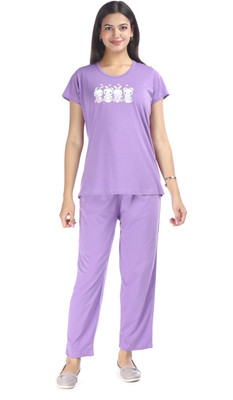 E-MAX Women Printed Purple Top & Pyjama Set
