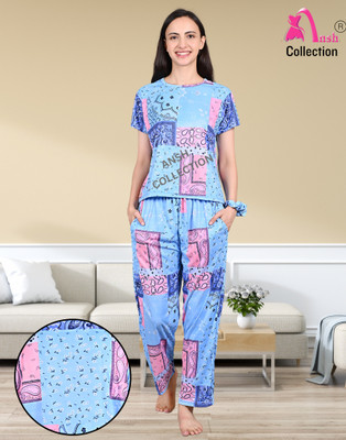 Ansh Collection Women Printed Light Blue Night Suit Set