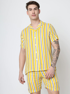 ERVIN ENTERPRISE Men Printed Yellow Night Suit Set