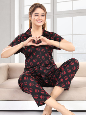 Trade Zone Women Printed Black Shirt & Pyjama set