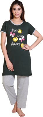 E-MAX Women Printed, Solid Green, Grey Top & Pyjama Set