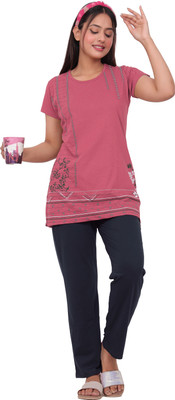 JUST LOVE Women Floral Print Pink, Dark Blue Top & Pyjama Set