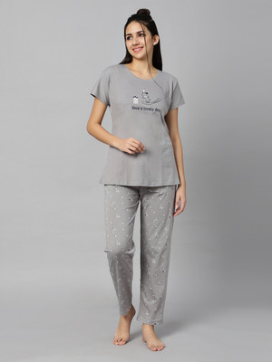 DZZO Women Printed Grey Top & Pyjama Set