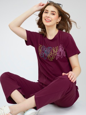 ZEYO Women Printed, Solid Red Top & Pyjama Set