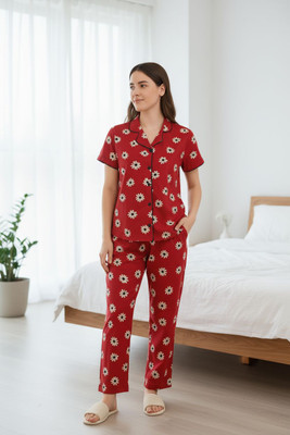 Artful Women Floral Print Red Night Suit Set