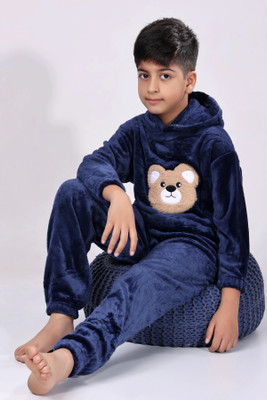 FitIn OutFit Boys Embroidered Dark Blue Night Suit Set