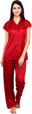 MARDIA Women Solid Maroon Night Suit Set