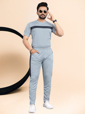 LINSOR FASHION Men Striped Grey Night Suit Set