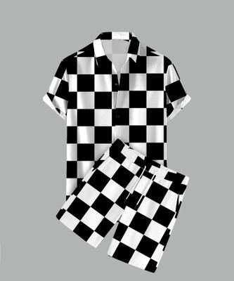 HouseOfCommon Men Printed White, Black Night Suit Set