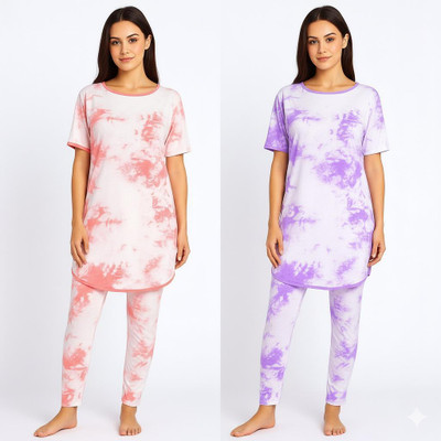 KLS Women Printed Purple, Orange, White Night Suit Set