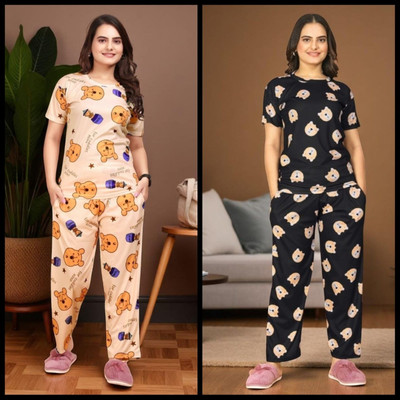 FASHION GREAB Women Printed Beige Top & Pyjama Set