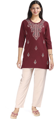 E-MAX Women Printed Maroon, Beige Top & Pyjama Set