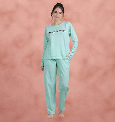 shyaway Women Printed Black, Blue Top & Pyjama Set