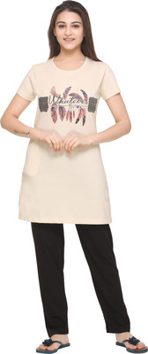plush Women Printed Beige Top & Pyjama Set