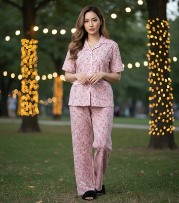 BLUELOCK Women Printed Pink Night Suit Set