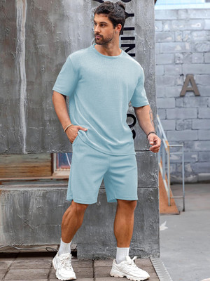 Vogaan Men Solid Blue Top & Shorts Set