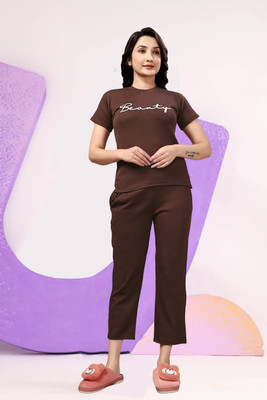 ZEEMBOOLI Women Printed Brown Top & Pyjama Set