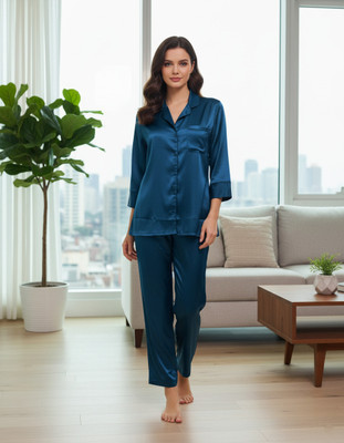 FABLUSH Women Solid Green Shirt & Pyjama set