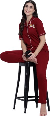 Lugo Women Solid Maroon Night Suit Set