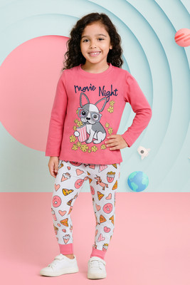 Lazy Shark Girls Printed Pink Night Suit Set