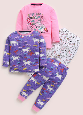 Lazy Shark Girls Printed Pink Night Suit Set