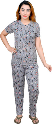 Becharm Women Printed Grey Top & Pyjama Set