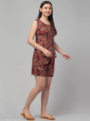 ShopGlobal Women Floral Print Red Night Suit Set