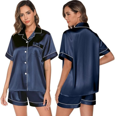 Vd hub Women Solid Dark Blue Night Suit Set
