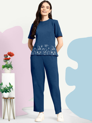 BelleBird Women Printed Blue Night Suit Set