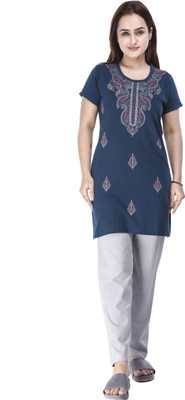 E-MAX Women Self Design Blue, Grey Top & Pyjama Set