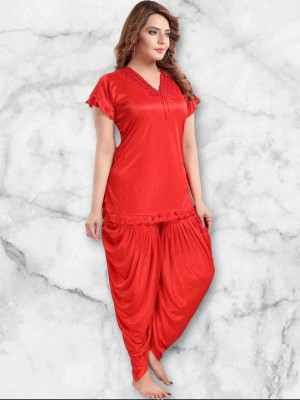 HouseOfCommon Women Solid Red Night Suit Set