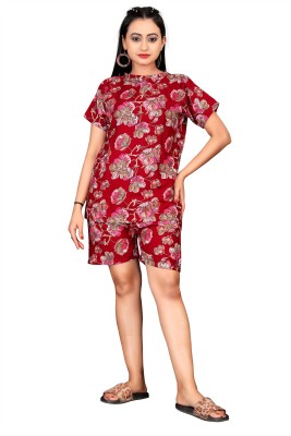 hussy Women Printed Red Top & Shorts Set
