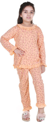 MMSTOR Baby Girls Printed Orange Top & Pyjama Set