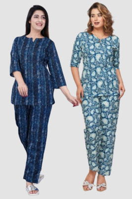 Abbas Fashion Women Printed Dark Blue, Light Blue Night Suit Set