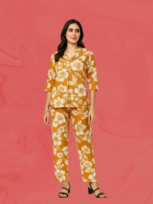 clothus Women Floral Print Yellow Shirt & Pyjama set