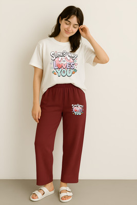 Shonisha Women Printed Maroon, White Top & Pyjama Set