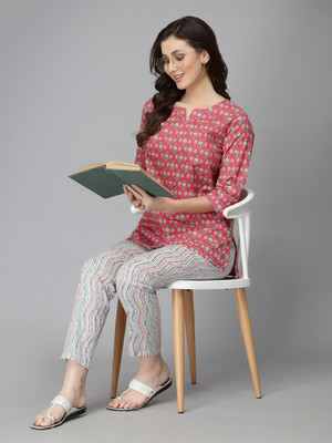 ki and ka Women Printed Pink Top & Pyjama Set
