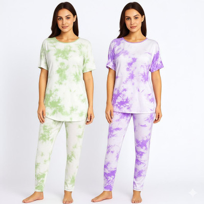 KLS Women Printed Purple, Orange Night Suit Set
