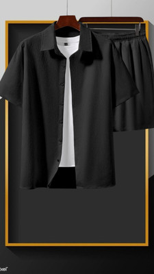 7starenterprise7 Men Solid Black Top & Shorts Set