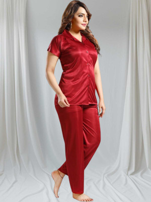 Mad Venom Women Solid Maroon Night Suit Set