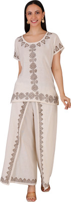 Thread Craft Studio Women Ethnic Motifs, Geometric Print, Printed Beige Top & Pyjama Set