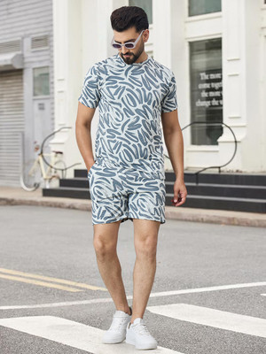 Chrome & Coral Men Printed Grey Night Suit Set