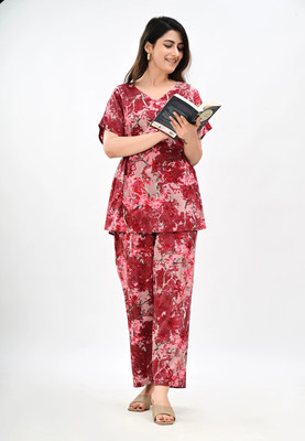 MintMarie Women Printed Maroon Night Suit Set