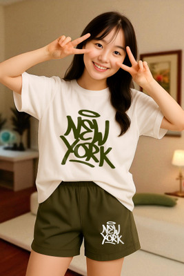 Elvia Women Printed Green, White Top & Shorts Set