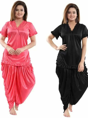 Cotovia Women Solid Pink, Black Top & Pyjama Set