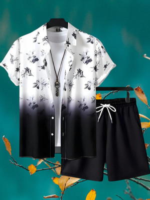 THEBROSSCO Men Floral Print White Top & Shorts Set